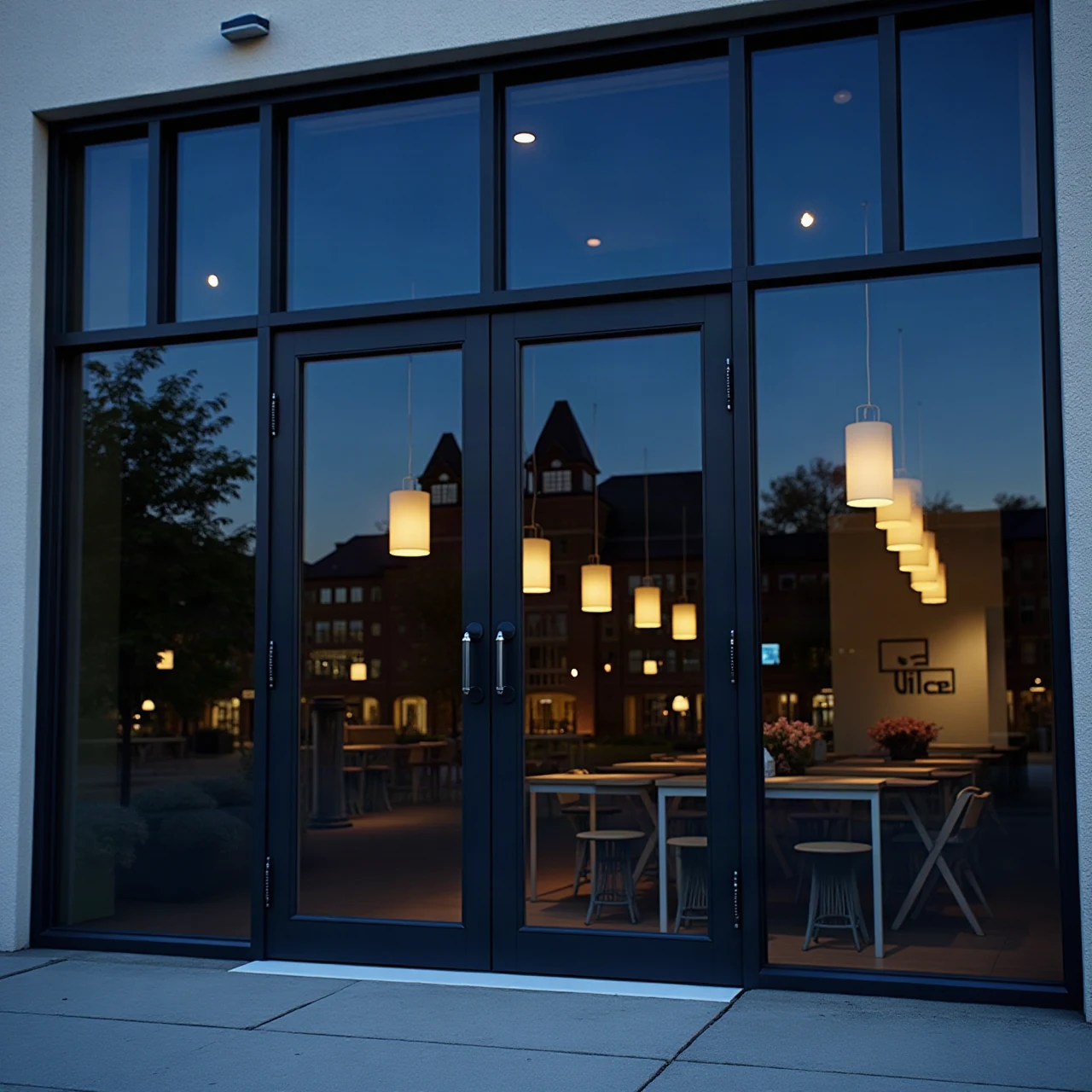glass office storefront with dark tinted windows reflecting a blue evening sky, modern commercial building, photographic