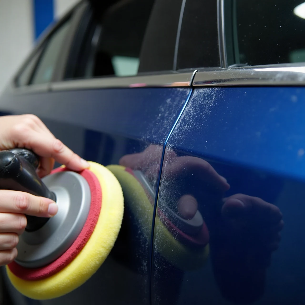 close-up of a dual-action polishing pad correcting swirl marks on a glossy dark blue car panel in a detailing studio, soft overhead light, photographic