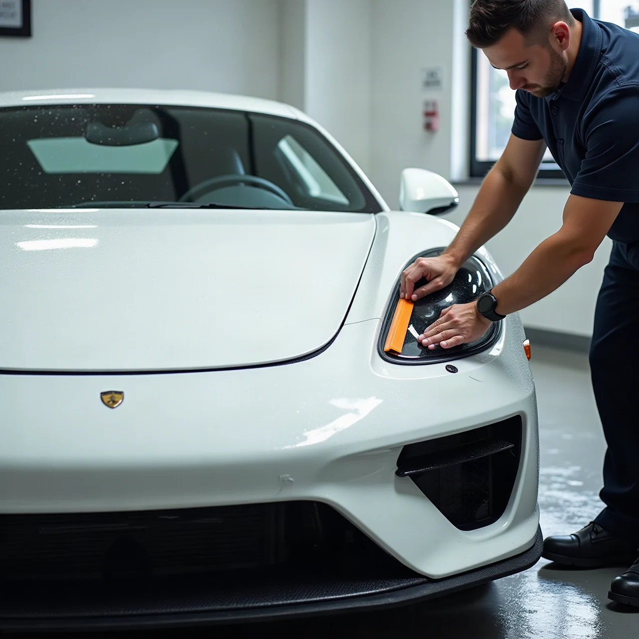 technician applying clear paint protection film with a squeegee to the front bumper of a white sports car in a clean bright detailing shop, water droplets on fi
