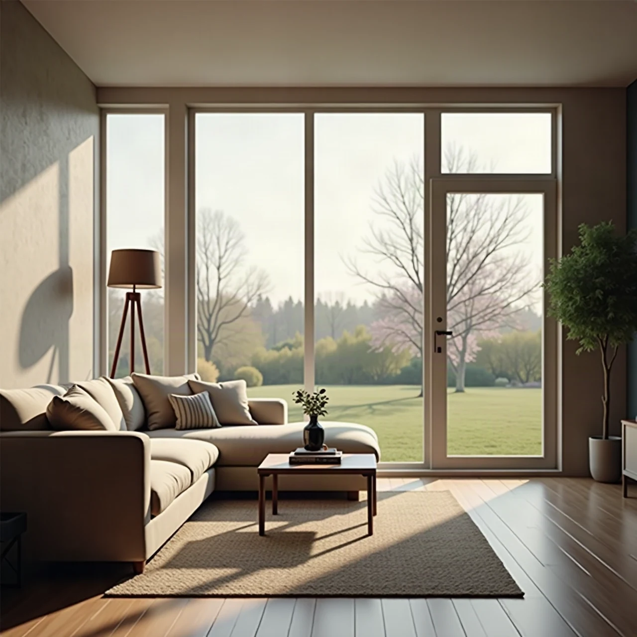 modern suburban home living room with large tinted windows, soft reduced glare afternoon light, calm interior, photographic